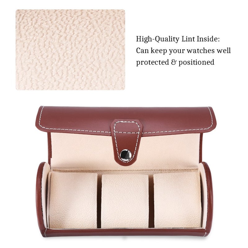 ZJchao Watch Box for Men, 3 Grids Cylinder Roll Holder Wristwatch Jewelry Gift Storage Display Case (Brown) - Image 3